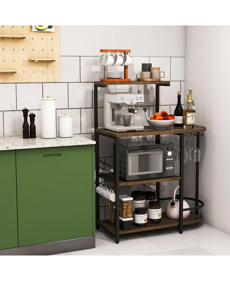 Costway Kitchen Bakers Rack Microwave Stand Coffee Bar w/ S-Hooks & Stemware Holder