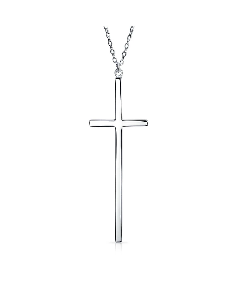 Bling Jewelry Modern Elongated Simple Basic Long Flat Thin Delicate Religious Latin Cross Pendant Necklace Rose Gold Plated .925 Sterling Silver
