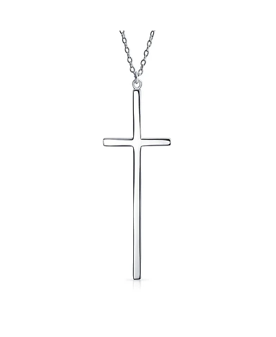 Bling Jewelry Modern Elongated Simple Basic Long Flat Thin Delicate Religious Latin Cross Pendant Necklace Rose Gold Plated .925 Sterling Silver
