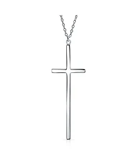 Bling Jewelry Modern Elongated Simple Basic Long Flat Thin Delicate Religious Latin Cross Pendant Necklace Rose Gold Plated .925 Sterling Silver