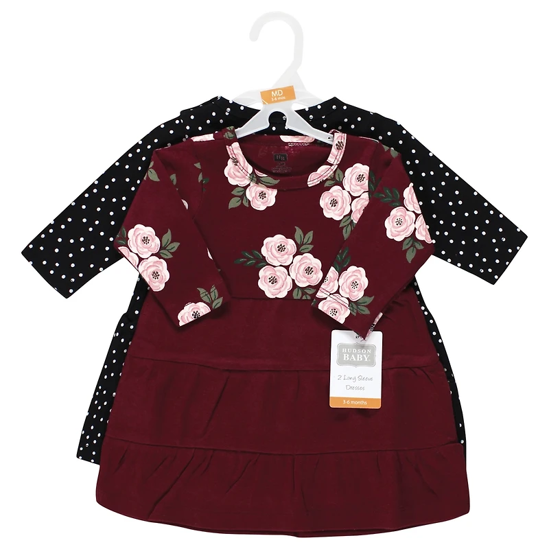 Hudson Baby Toddler Girls Cotton Long-Sleeve Dresses 2pk, Gray Winter Forest