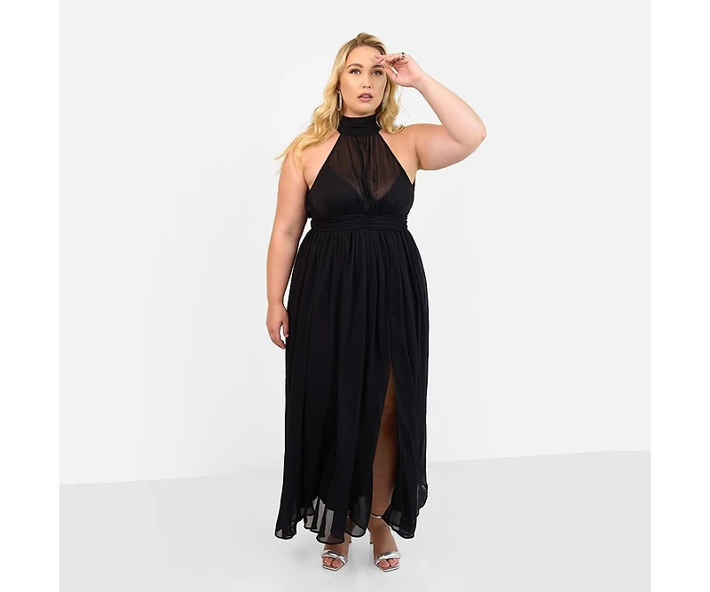 Rebdolls Women's Plus Size Elise Chiffon Halter Maxi A Line Dress W. Slit
