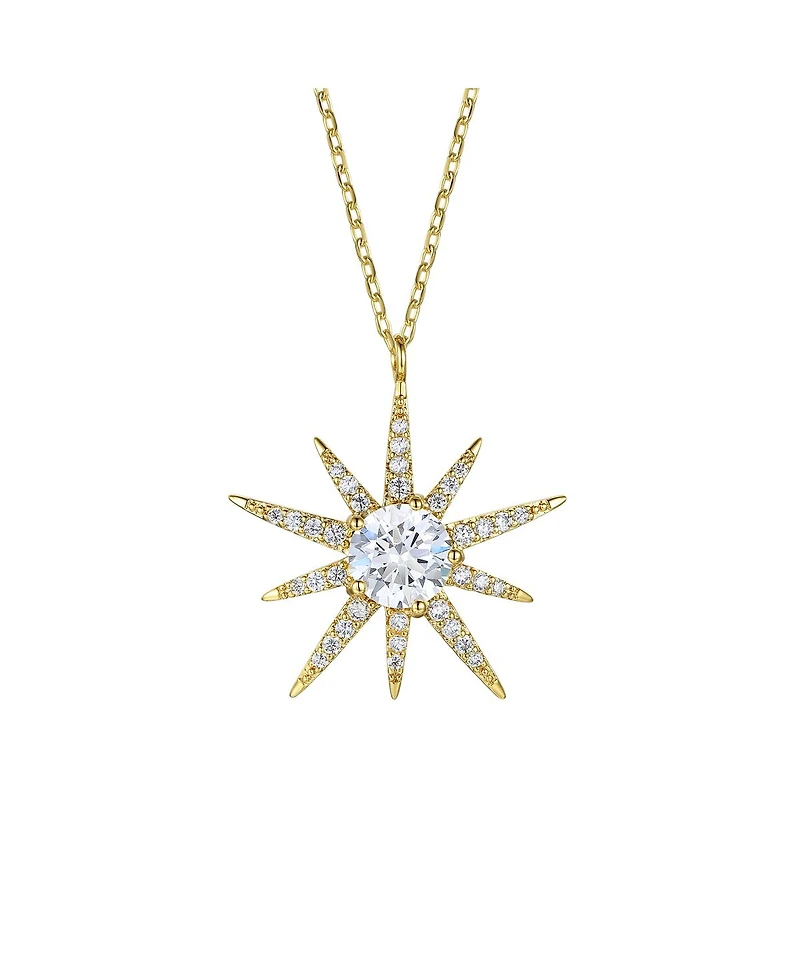 Sterling Silver 14k Gold Plated with Cubic Zirconia 10-Point Starburst Pendant Necklace