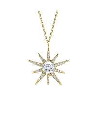 Sterling Silver 14k Gold Plated with Cubic Zirconia 10-Point Starburst Pendant Necklace