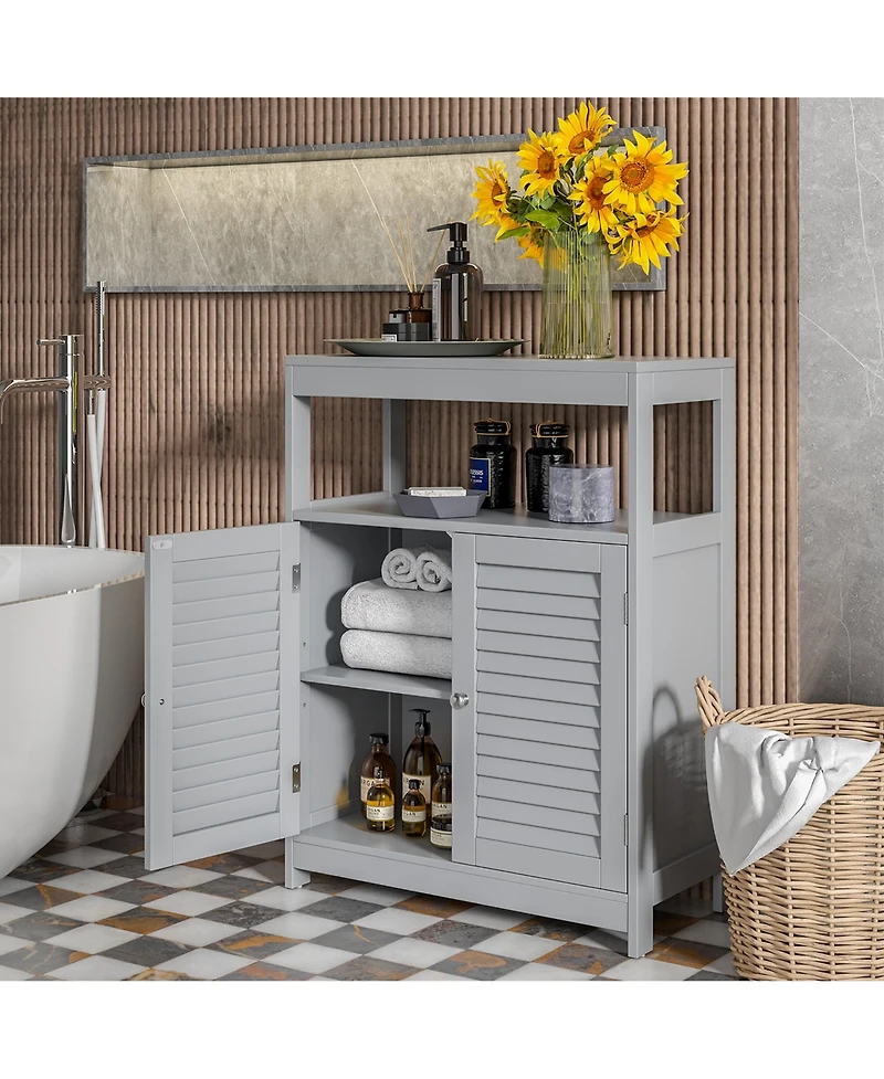 Bathroom Floor Cabinet Storage Organizer with Open Shelf & Double Shutter Door