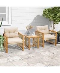 Costway 3PCS Patio Pe Wicker Conversation Set Acacia Wood Frame