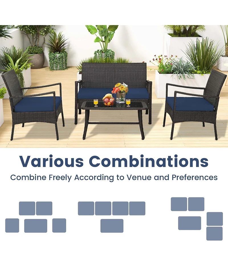 4PCS Patio Rattan Wicker Furniture Set Cushioned Sofa Armrest Coffee Table