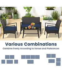 4PCS Patio Rattan Wicker Furniture Set Cushioned Sofa Armrest Coffee Table