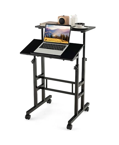 Height Adjustable Mobile Standing Desk with Tiltable Desktop & 2 Hanging Hooks