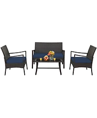 4PCS Patio Rattan Wicker Furniture Set Cushioned Sofa Armrest Coffee Table