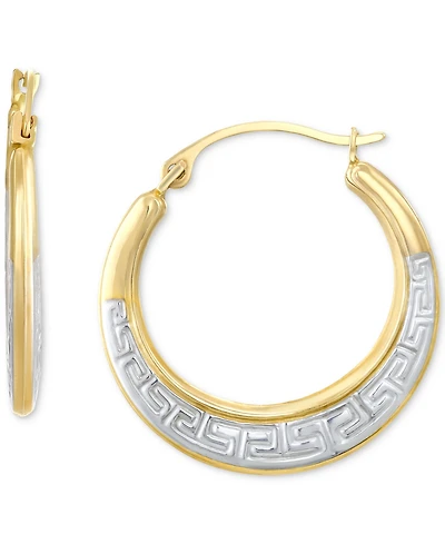 Greek Key Two-Tone Small Hoop Earrings in 10k Gold, 1"
