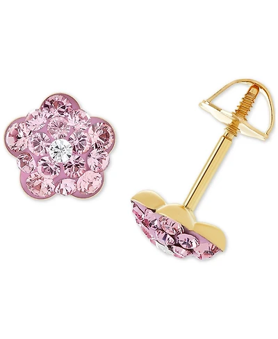 Children's Pink Crystal Flower Stud Earrings in 14k Gold