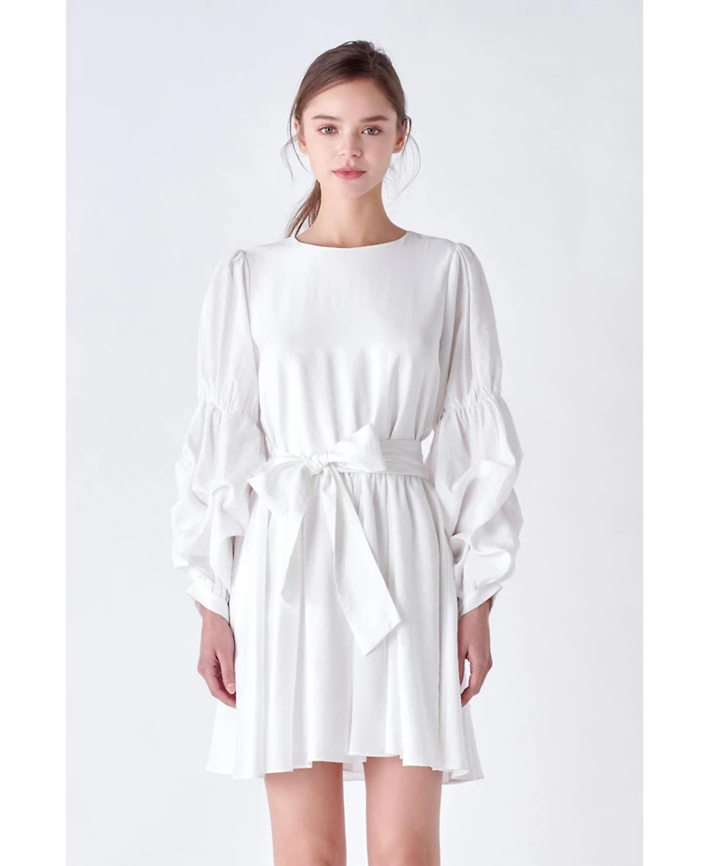English Factory Women's Cinched Puff Sleeve Belted Dress