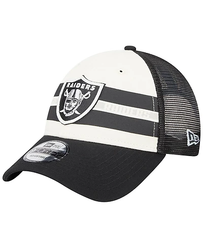 Men's New Era Cream, Black Las Vegas Raiders Team Stripe Trucker 9FORTY Snapback Hat
