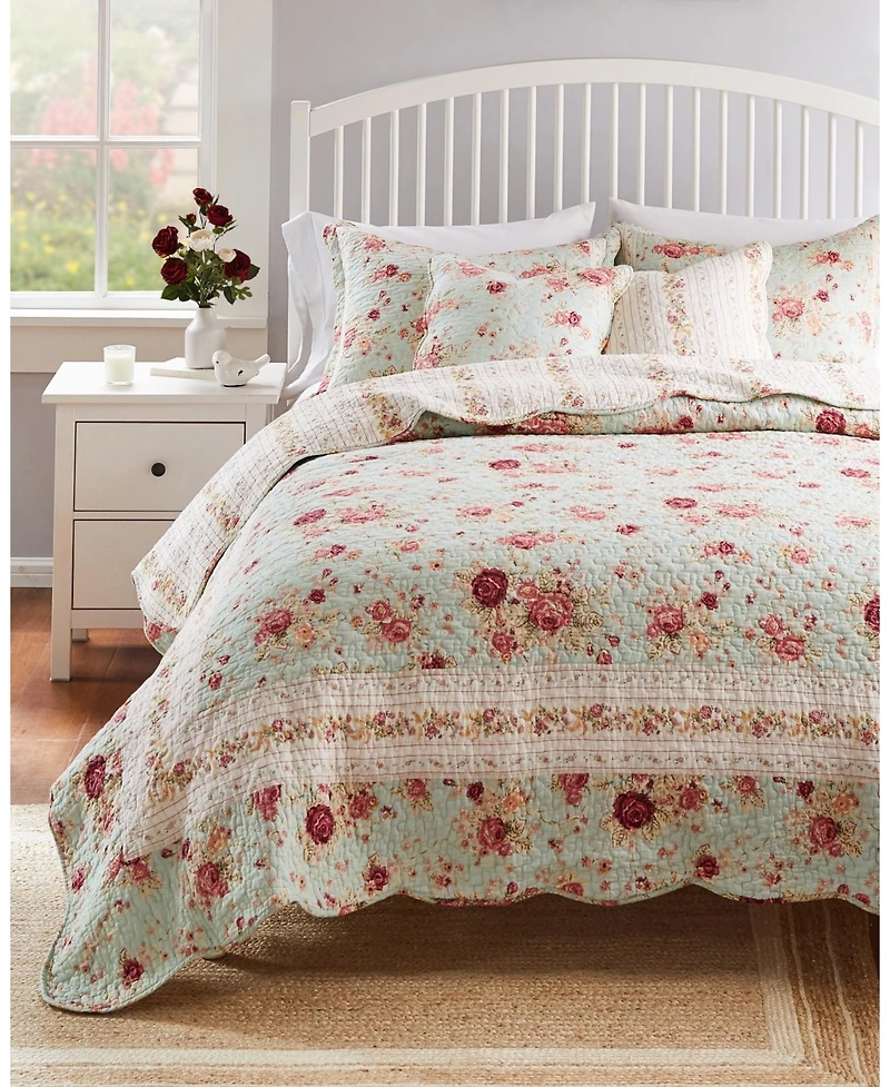 Greenland Home Fashions Antique Rose 100% Cotton Reversible 5 Piece Quilt Set, Full/Queen