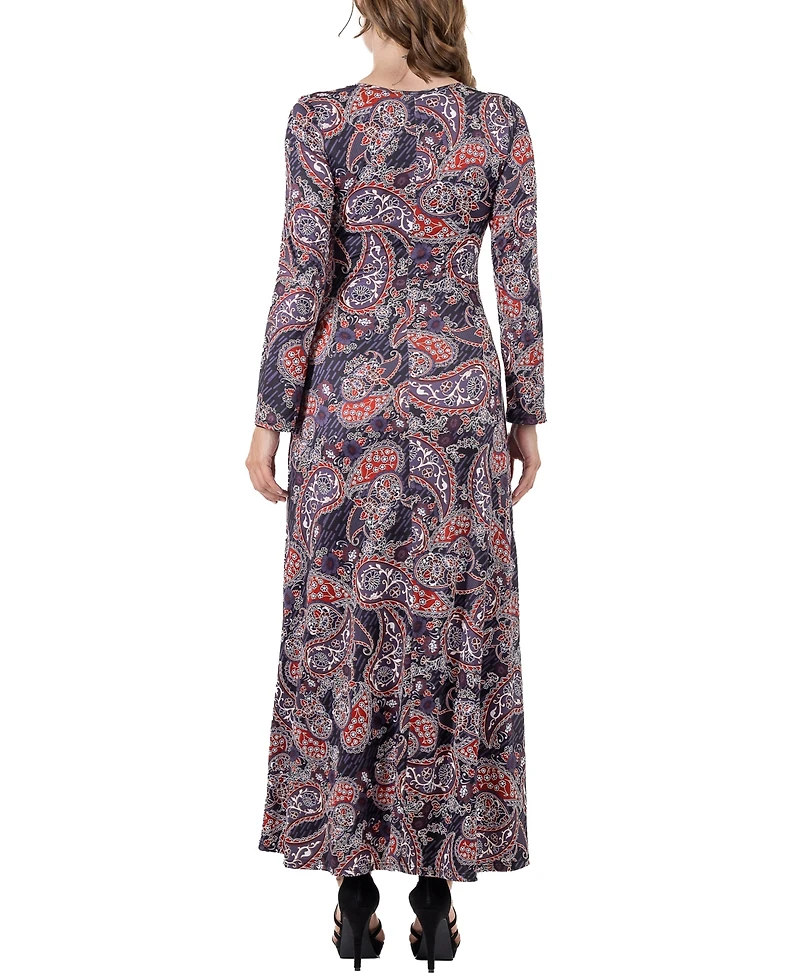 24seven Comfort Apparel Women's Long Sleeve Paisley A-Line Maxi Dress