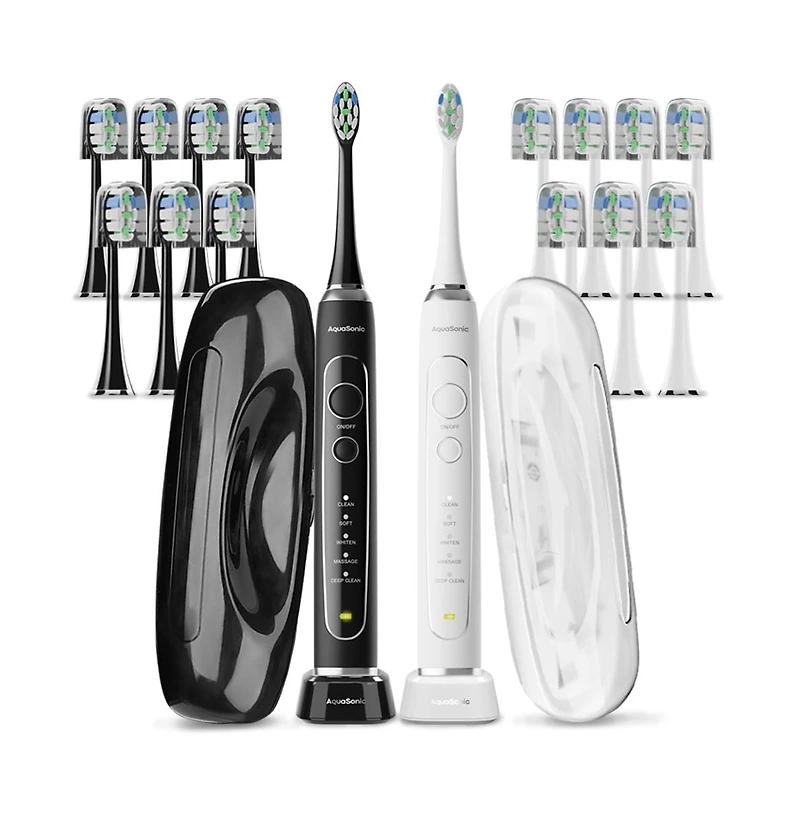Elite Duo Rechargeable Electric Toothbrush Set – Ada Accepted, 5 Modes, 2 Travel Cases, 16 Brush Heads (Black/White)