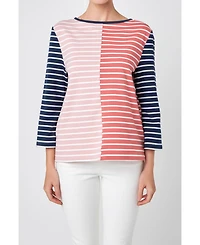 English Factory Women's Striped Color Blocked 3/4 Length Sleeve Tee