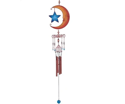 23" Long Celestial Wind Chime Copper & Gem Moon Star Hanging Wind Chime
