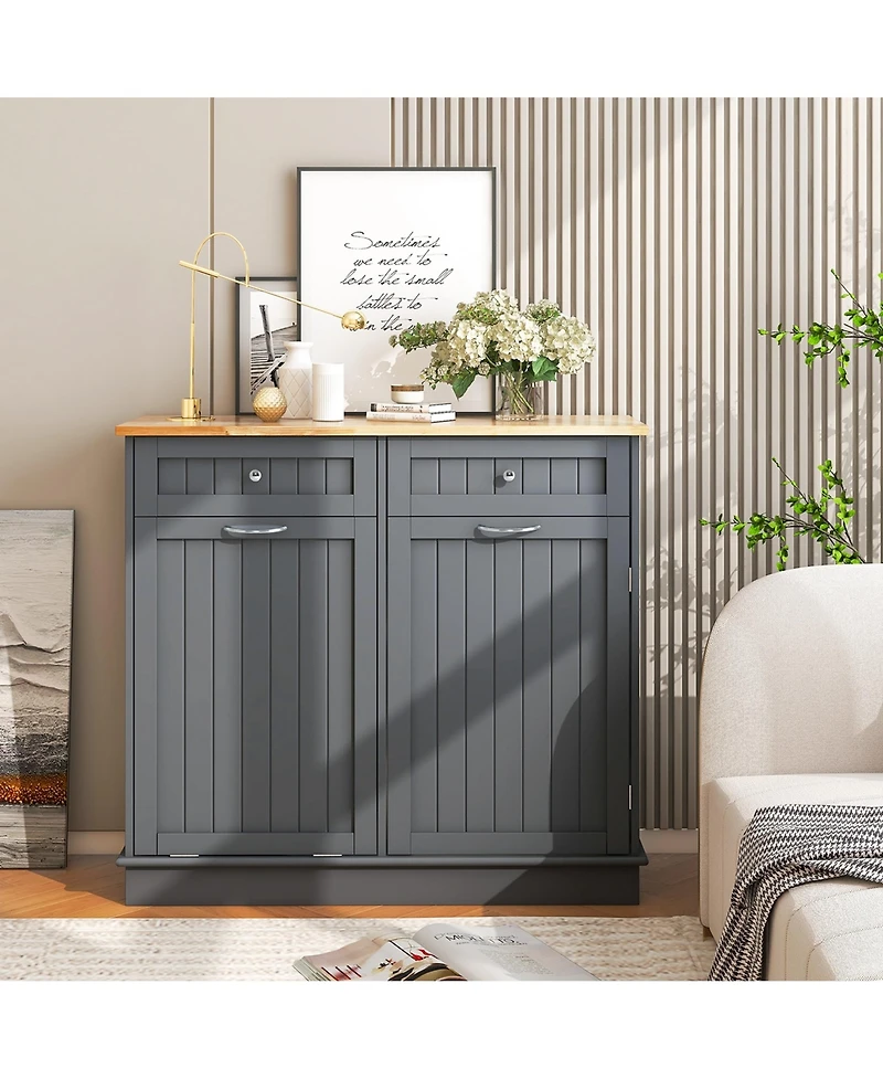 Wooden Kitchen Trash Cabinet Tilt Out Bin Holder with Drawer & Storage Shelf
