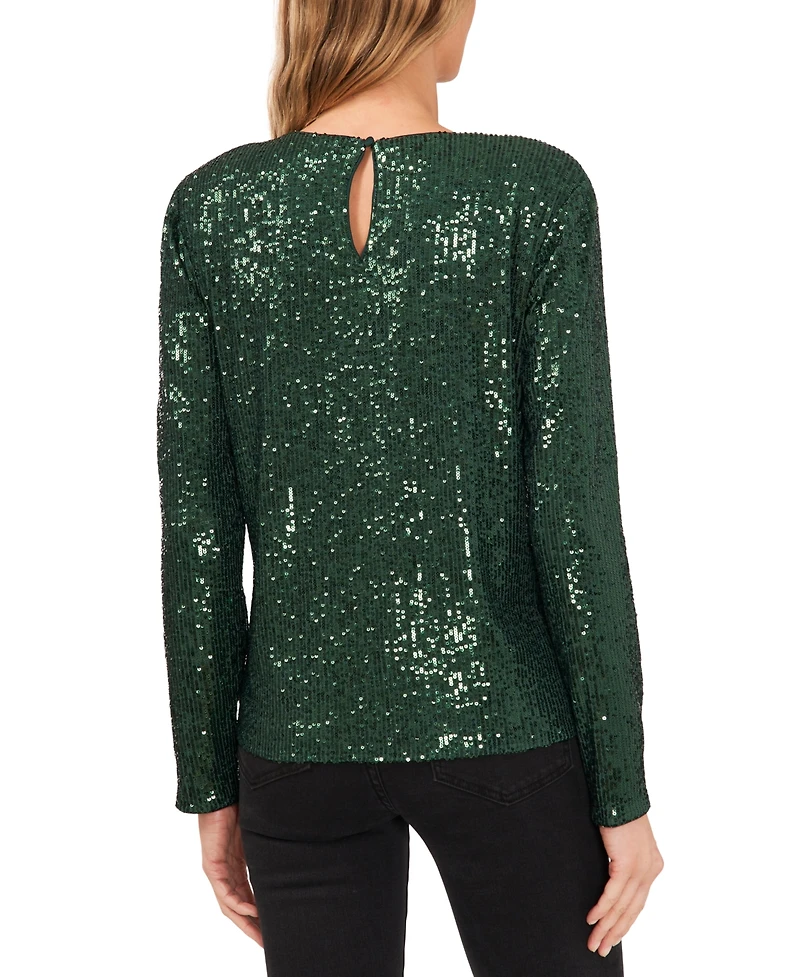 CeCe Women's Long Sleeve Crew Neck Sequin Blouse
