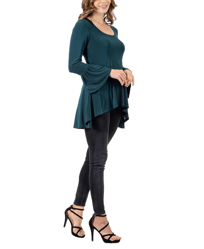 24seven Comfort Apparel Women's Long Bell Sleeve High Low Tunic Top