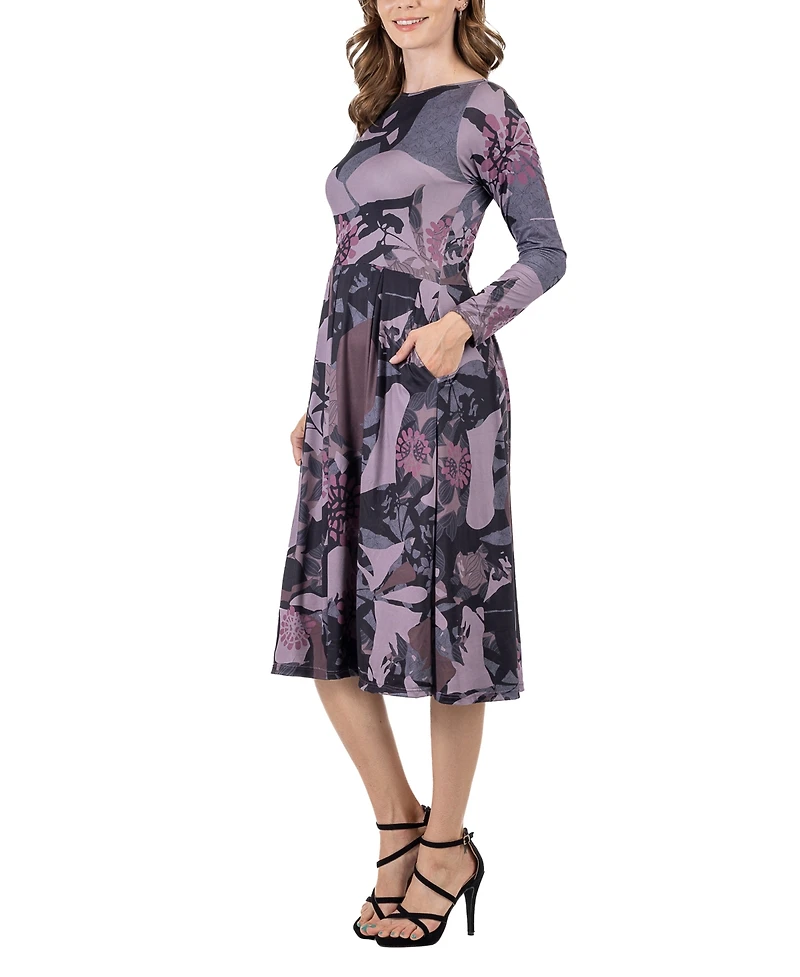 24seven Comfort Apparel Women's Floral Long Sleeve Pleated Pocket Midi Dress
