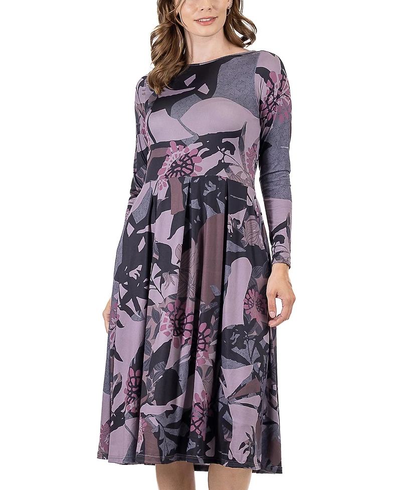 24seven Comfort Apparel Women's Floral Long Sleeve Pleated Pocket Midi Dress