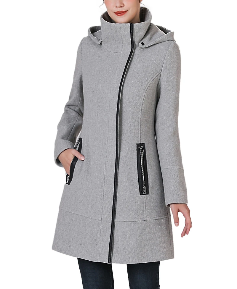 Kimi + Kai Women's Leah Asymmetrical Hooded Zipper Boucle Wool Coat