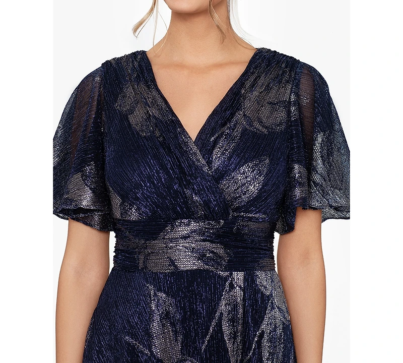 Betsy & Adam Petite Foil-Print Flutter-Sleeve Maxi Dress