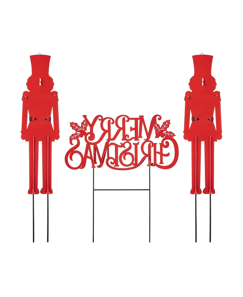 Set of 3 Metal Nutcracker and Merry Christmas Yard Stake