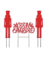 Set of 3 Metal Nutcracker and Merry Christmas Yard Stake