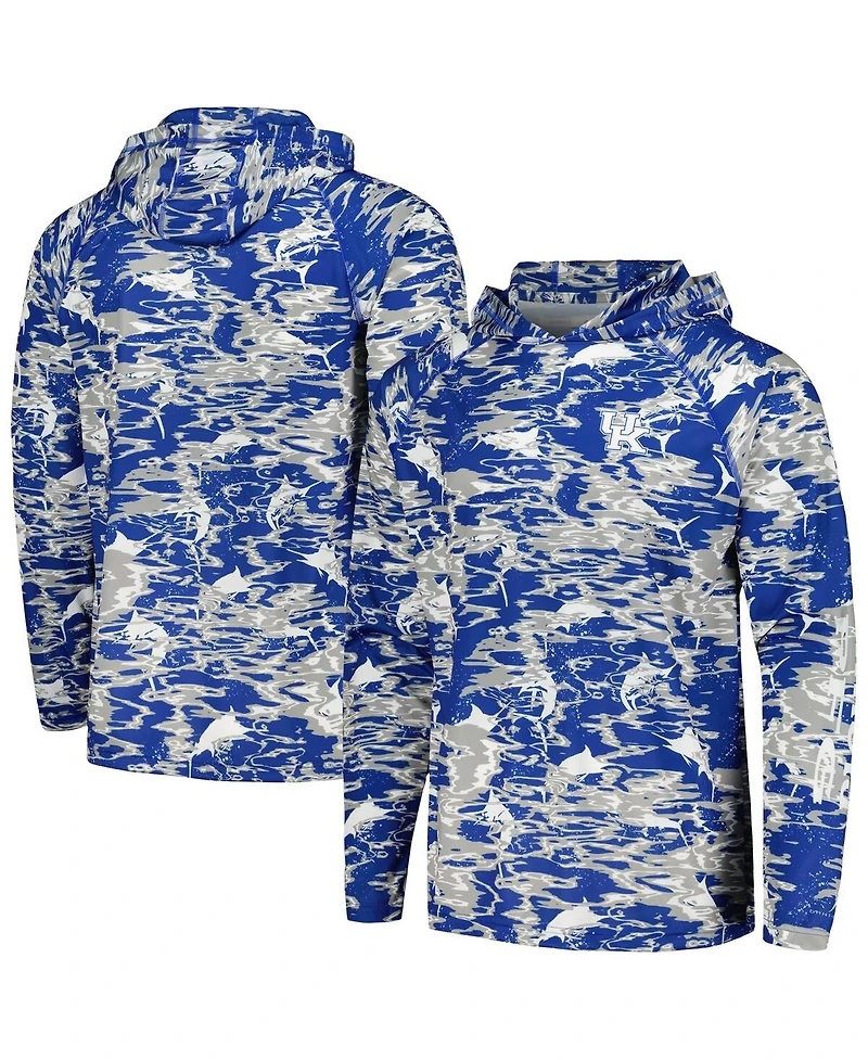 Men's Columbia Royal Kentucky Wildcats Pfg Terminal Tackle Omni-Shade Rippled Long Sleeve Hooded T-shirt