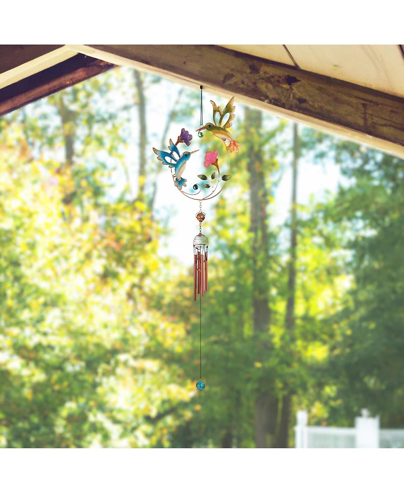 32" Long Blue Bird and Green Bird Copper and Gem Wind Chime