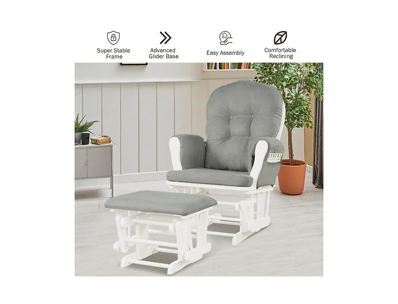 Wood Glider Chair and Ottoman Set with Padded Armrests Detachable Cushion