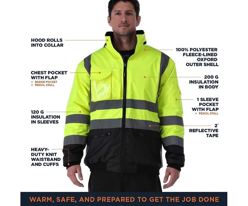 RefrigiWear Big & Tall HiVis Waterproof Bomber Jacket - Extreme Cold Protection, High-Visibility, Fleece-Lined, Rollout Hood
