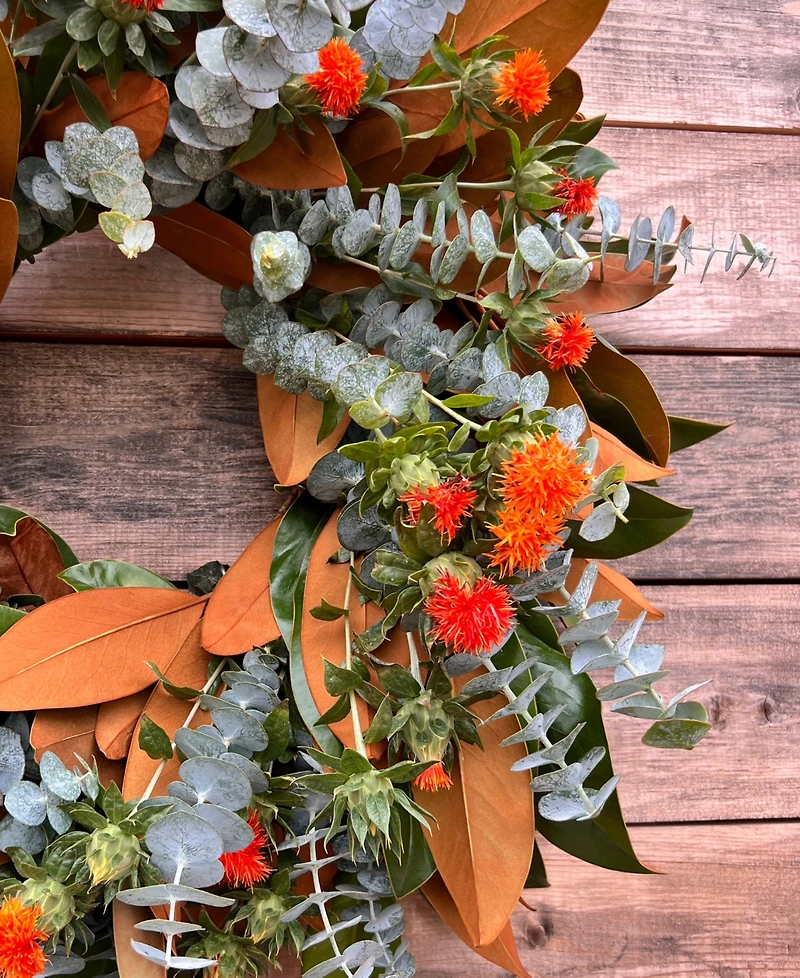 GreenishBlu Fresh Real Magnolia, Safflower and Baby Blue Wreath