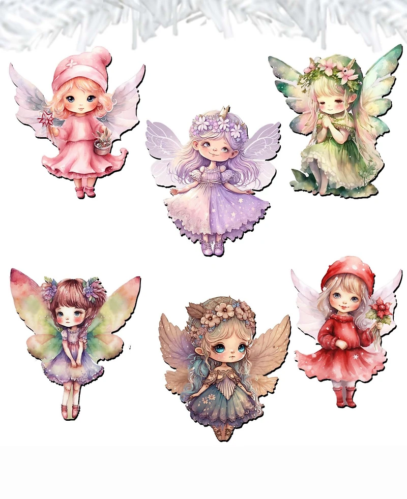 Designocracy Holiday Wooden Clip-On Ornaments Colorful Fairies Set of 6 G. DeBrekht