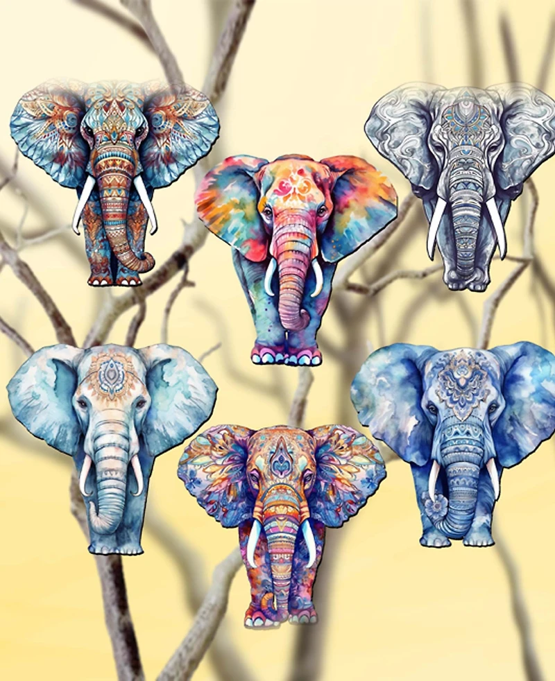 Designocracy Holiday Wooden Clip-On Ornaments Elephants Set of 6 G. DeBrekht