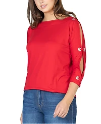 24seven Comfort Apparel Women's Three Quarter Cold Shoulder Grommet Top