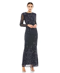 Mac Duggal Women's Embellished High Neck Illusion Long Sleeve Gown