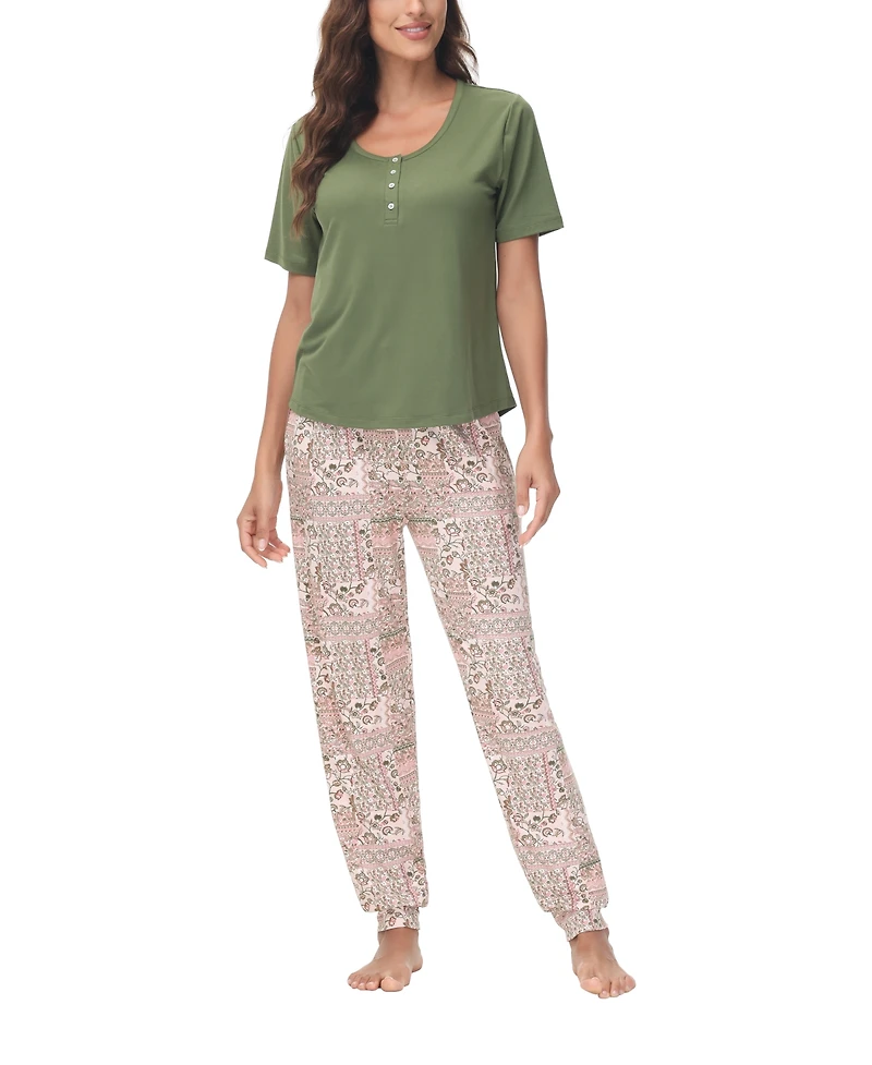 Ink+Ivy Women's 2 Piece Short Sleeve Henley Top with Jogger Pajama Set