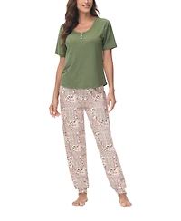 Ink+Ivy Women's 2 Piece Short Sleeve Henley Top with Jogger Pajama Set