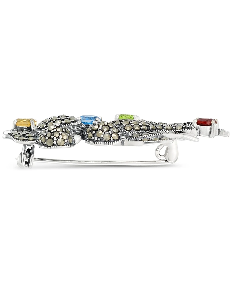 Marcasite (3/8 ct. t.w.) & Multi-Gemstone (2-3/8 ct. t.w.) Two Bird Pin in Sterling Silver