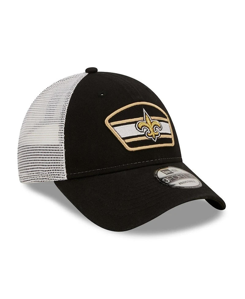 Men's New Era Black, White New Orleans Saints Logo Patch Trucker 9FORTY Snapback Hat