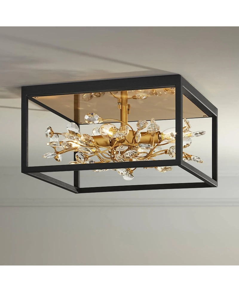Possini Euro Design Carrine Modern Ceiling Light Flush Mount Fixture 14 1/4" Wide Black Gold 4-Light Clear Crystal for Bedroom Kitchen Living Roo