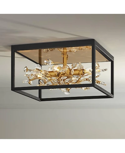Possini Euro Design Carrine Modern Ceiling Light Flush Mount Fixture 14 1/4" Wide Black Gold 4-Light Clear Crystal for Bedroom Kitchen Living Roo