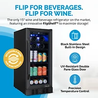 Newair 15" FlipShelf Wine and Beverage Refrigerator, Reversible Shelves Hold 80 Cans or 33 Bottles