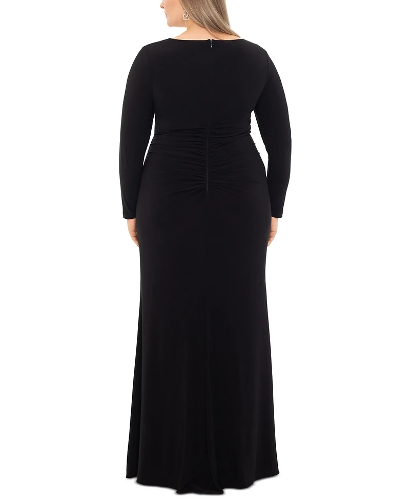 Xscape Plus Size V-Neck Twist-Front Side-Ruffle Gown