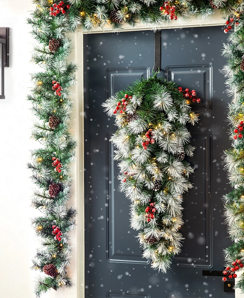Glitzhome 3' Pre-Lit Pinecones and Red Berries Artificial Christmas Teardrop Swag with 50 Warm White Lights and Timer